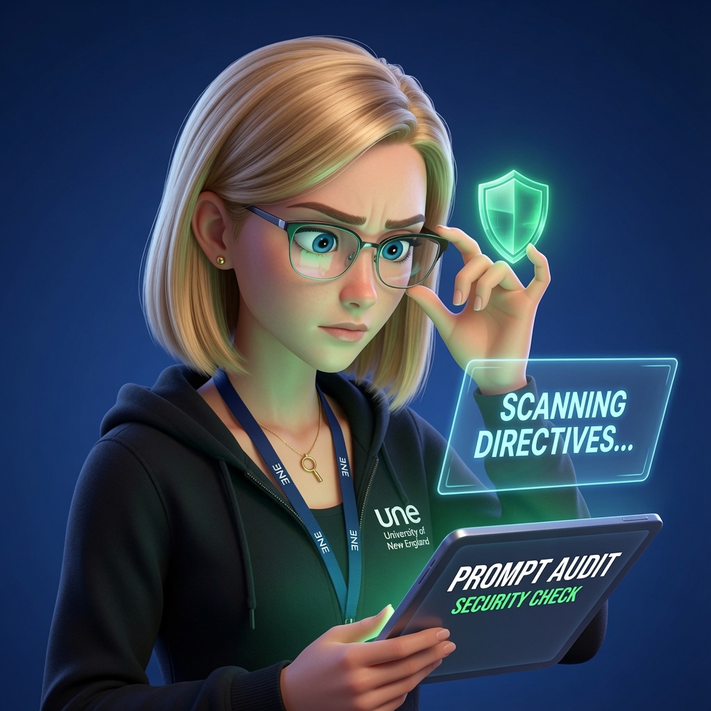 Clara analisando um prompt em um tablet holográfico